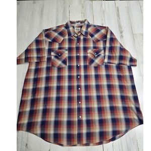 Ely Cattleman Mens 2X Big Man Western Pearl Snap Plaid‎ Short Sleeve Shirt Navy